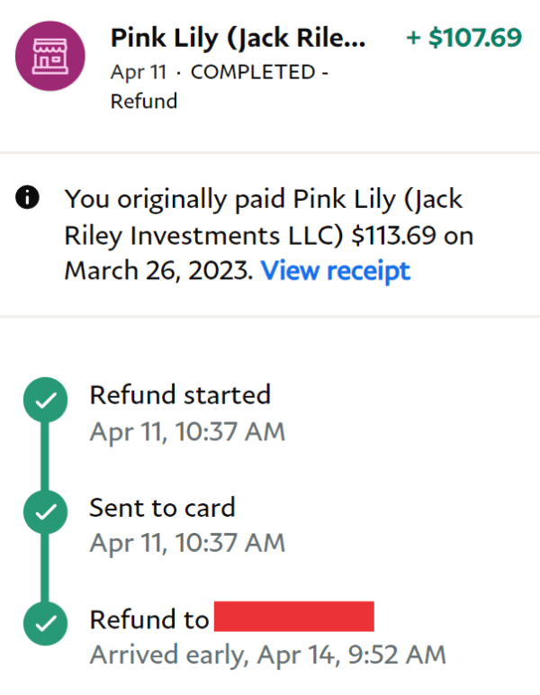 pink lily paypal return mobile