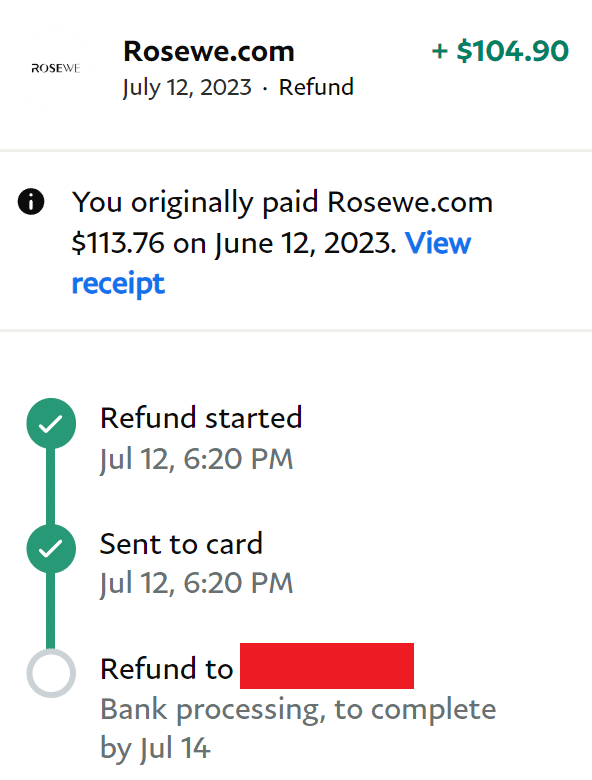 rosewe refund paypal mobile