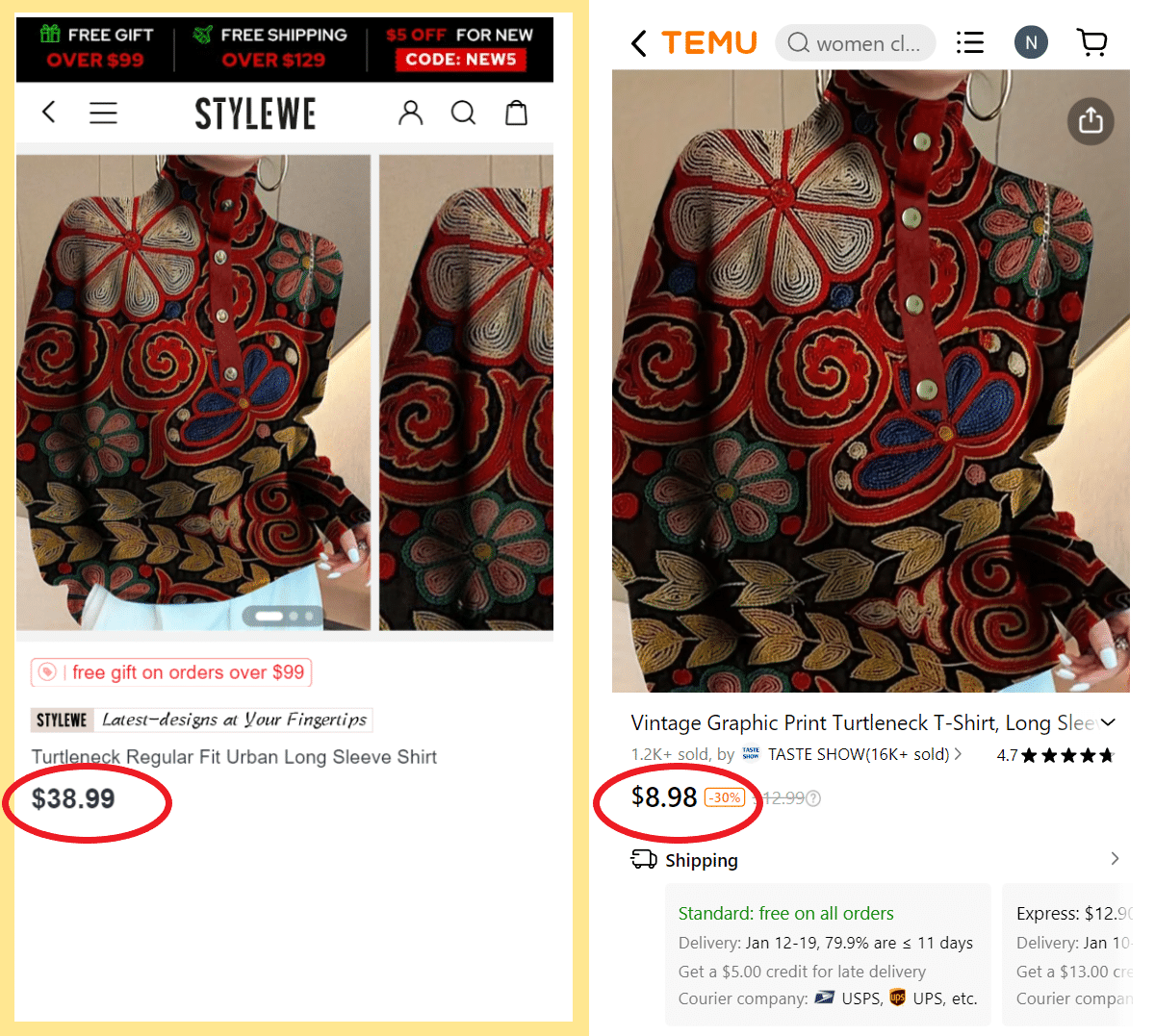 stylewe temu price comparison